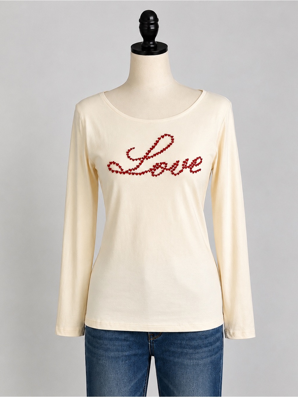 Cream Long-Sleeve 'Love' Embellished Tee